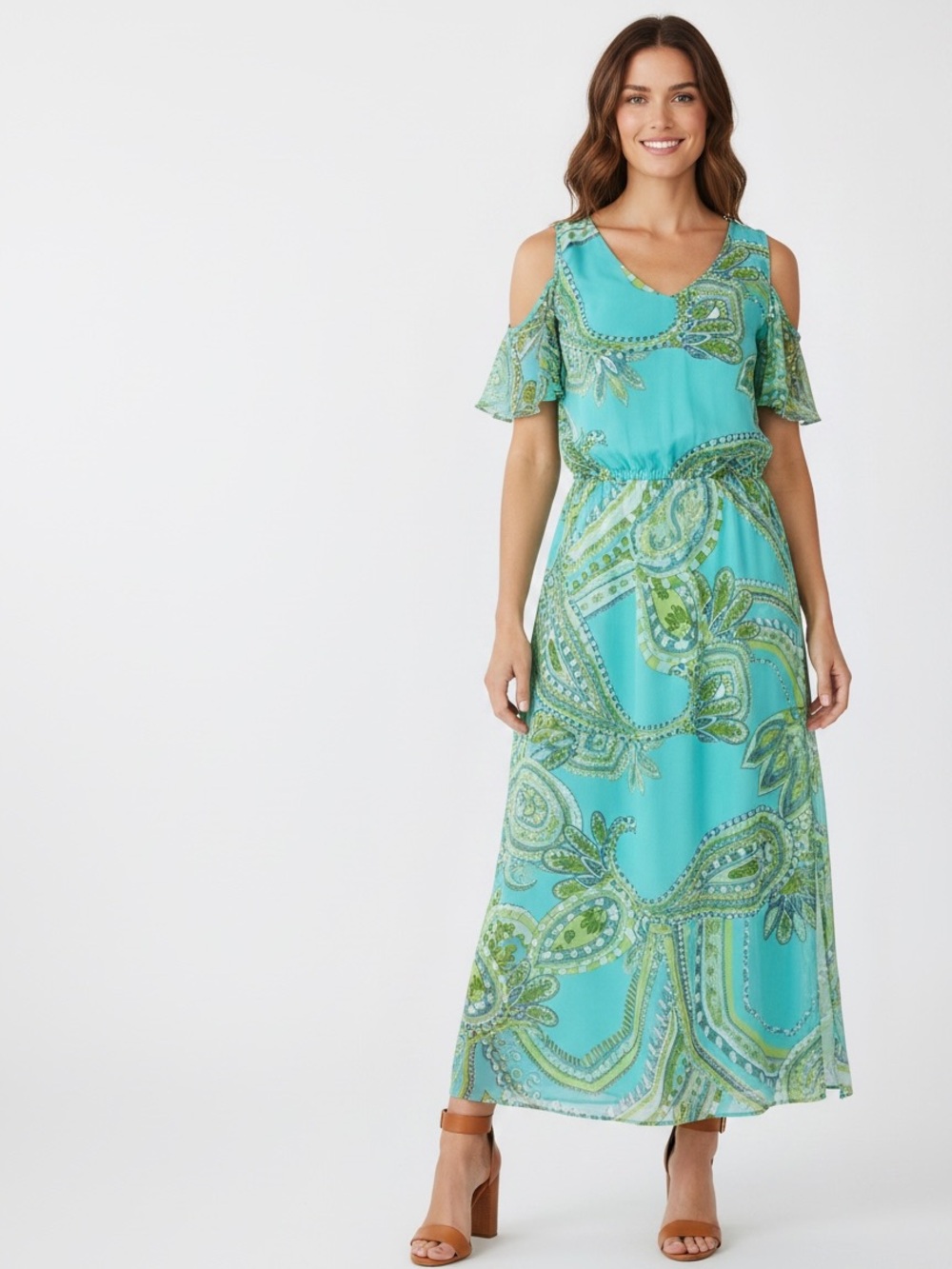 Chico's Sienna Turquoise Green Paisley Maxi Dress Size 12